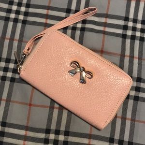 Pink and gold bow wallet wristlet